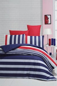 Helenito Ranforce Dört Mevsim 160 x 220 cm Çizgili Tek Kişilik Nevresim Takımı Kırmızı Lacivert