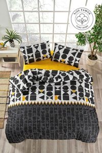 Tabu Home Pamuk Dört Mevsim 160 x 220 cm Desenli Tek Kişilik Nevresim Takımı Hardal Siyah
