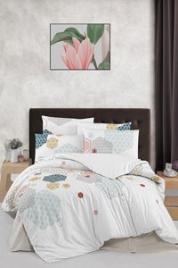 Helenito Ranforce Dört Mevsim 160 x 220 cm Geometrik Tek Kişilik Nevresim Takımı Beyaz Mavi