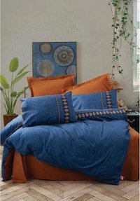 Cotton Box Pamuk Dört Mevsim 160 x 220 cm Lastikli Düz Tek Kişilik Nevresim Takımı Mavi Turuncu