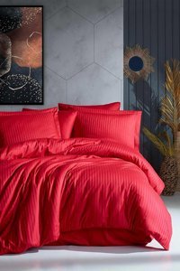 Elart Pamuk Saten Dört Mevsim 200 x 220 cm Çizgili Çift Kişilik Nevresim Takımı Kırmızı
