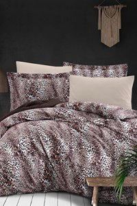 T.Concept Saten Dört Mevsim 200 x 220 cm Leoparlı Çift Kişilik Nevresim Takımı Kahverengi