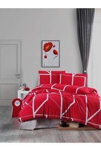 Mulberry Pamuk Dört Mevsim 200 x 220 cm Çizgili Çift Kişilik Nevresim Takımı Kırmızı