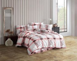 Nevresim Dünyası Ranforce Dört Mevsim 200 x 220 cm Kareli Çift Kişilik Nevresim Takımı Beyaz Pembe