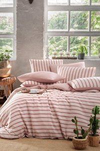 Favora Keten Pamuk Dört Mevsim 200 x 220 cm Çizgili Çift Kişilik Nevresim Takımı Pembe
