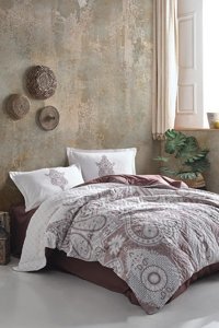 Clasy Pamuk Dört Mevsim 200 x 220 cm Şal Desen Çift Kişilik Nevresim Takımı Kahverengi