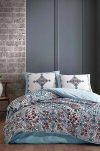 Elart Pamuk Kışlık 200 x 220 cm Etnik Çift Kişilik Nevresim Takımı Mavi