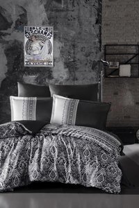 Clasy Pamuk Saten Dört Mevsim 200 x 220 cm Şal Desen Çift Kişilik Nevresim Takımı Siyah