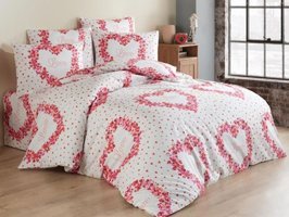 Çeyiz Diyarı Ranforce Dört Mevsim 195 x 220 cm Kalp Çift Kişilik Nevresim Takımı Beyaz Kırmızı