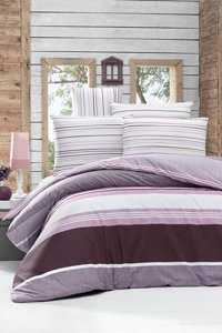 Depomaxx Ranforce Dört Mevsim 200 x 220 cm Lastikli Çizgili Çift Kişilik Nevresim Takımı Lila