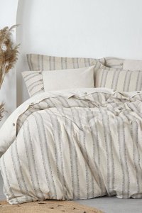 Ecocotton Keten Dört Mevsim 200 x 220 cm Şeritli Çift Kişilik Nevresim Takımı Antrasit