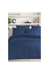 Mulberry Pamuk Saten Dört Mevsim 200 x 220 cm Çizgili Çift Kişilik Nevresim Takımı Lacivert