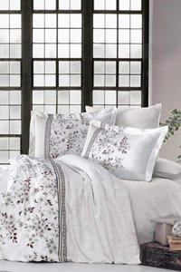 T.Concept Saten Dört Mevsim 200 x 220 cm Etnik Çift Kişilik Nevresim Takımı Ekru Mürdüm