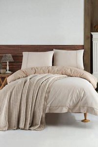 T.Concept Pamuk Kışlık 200 x 220 cm Battaniyeli Düz Çift Kişilik Nevresim Takımı Krem