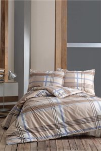 Clasy Ranforce Dört Mevsim 200 x 220 cm Ekoseli Çift Kişilik Nevresim Takımı Bej