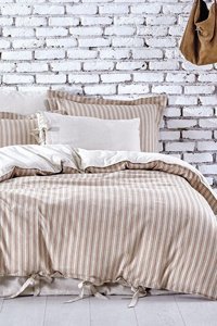 Ecocotton Keten Pamuk Dört Mevsim 200 x 220 cm Çizgili Çift Kişilik Nevresim Takımı Kiremit