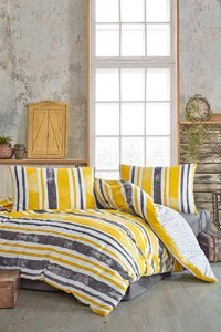 Elart Ranforce Dört Mevsim 200 x 220 cm Lastikli Çizgili Çift Kişilik Nevresim Takımı Sarı