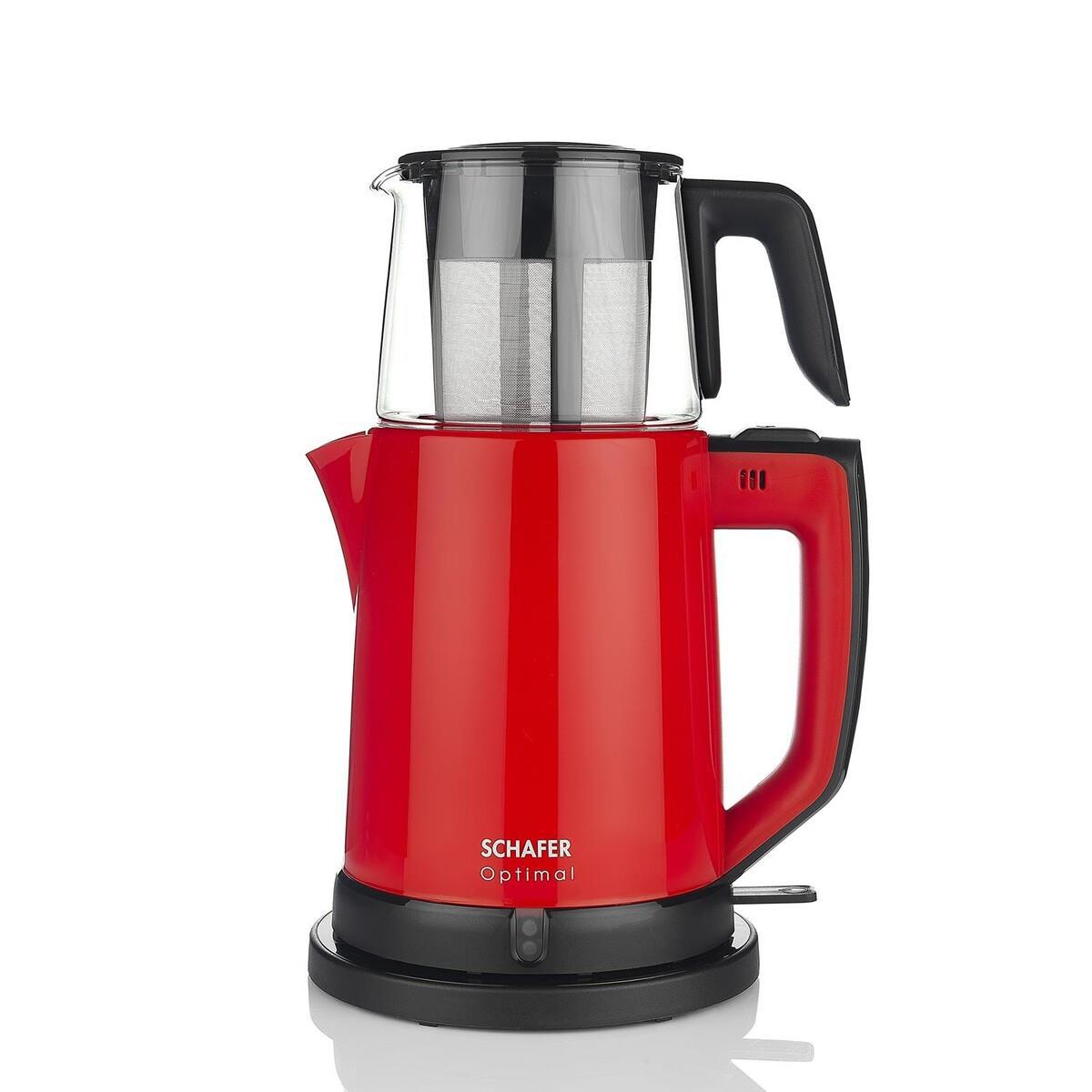 Schafer Optimal Otomatik Cam Demlikli 1800 W Işıklı Çelik Gövdeli Kırmızı Retro Çay Makinesi