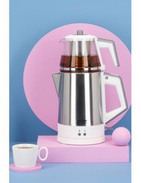 Emsan Bella Gusto Çelik Demlikli 1800 W Işıklı Çelik Gövdeli Beyaz Retro Çay Makinesi