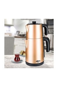 Stilevs Biçay Otomatik Çelik Demlikli 1650 W Işıklı Çelik Gövdeli Bakır Retro Çay Makinesi