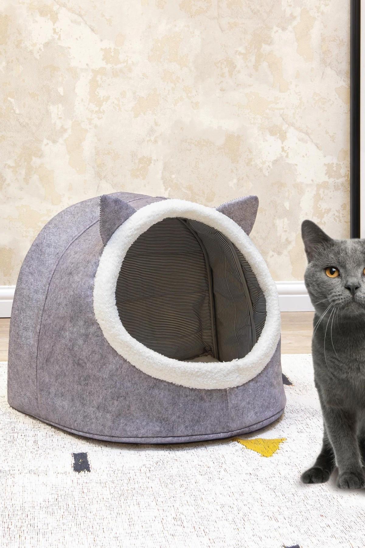 Arma House Astronot Tek Katlı İç Mekan Keçe Kedi Evi Gri