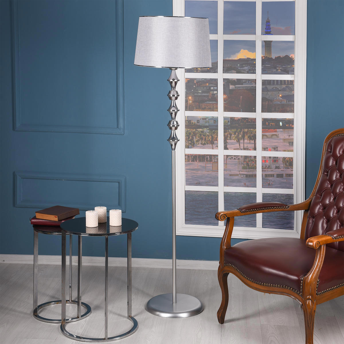 Dede Berlin Modern Tekli Metal Tek Ayaklı Silindir Lambader Gümüş