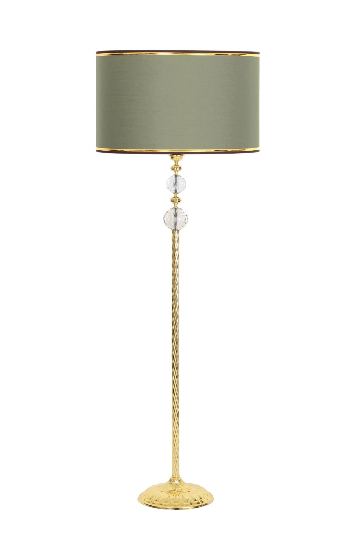 Vinner Gold Kaplama Çift Kristal Küre Detaylı Burgulu Modern Tekli Metal Tek Ayaklı Silindir Lambader Yeşil