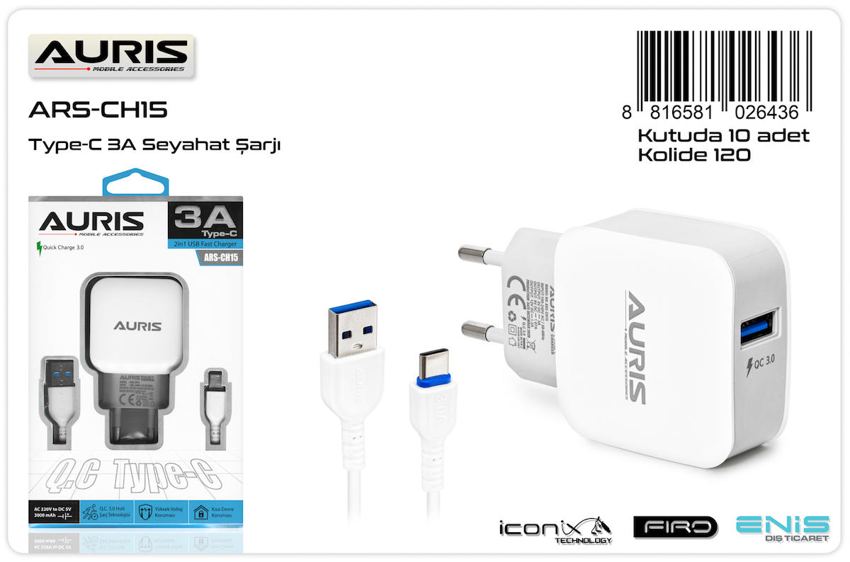 Auris ARS-CH15 Universal Type-C Kablolu 3 Amper Hızlı Şarj Aleti Beyaz