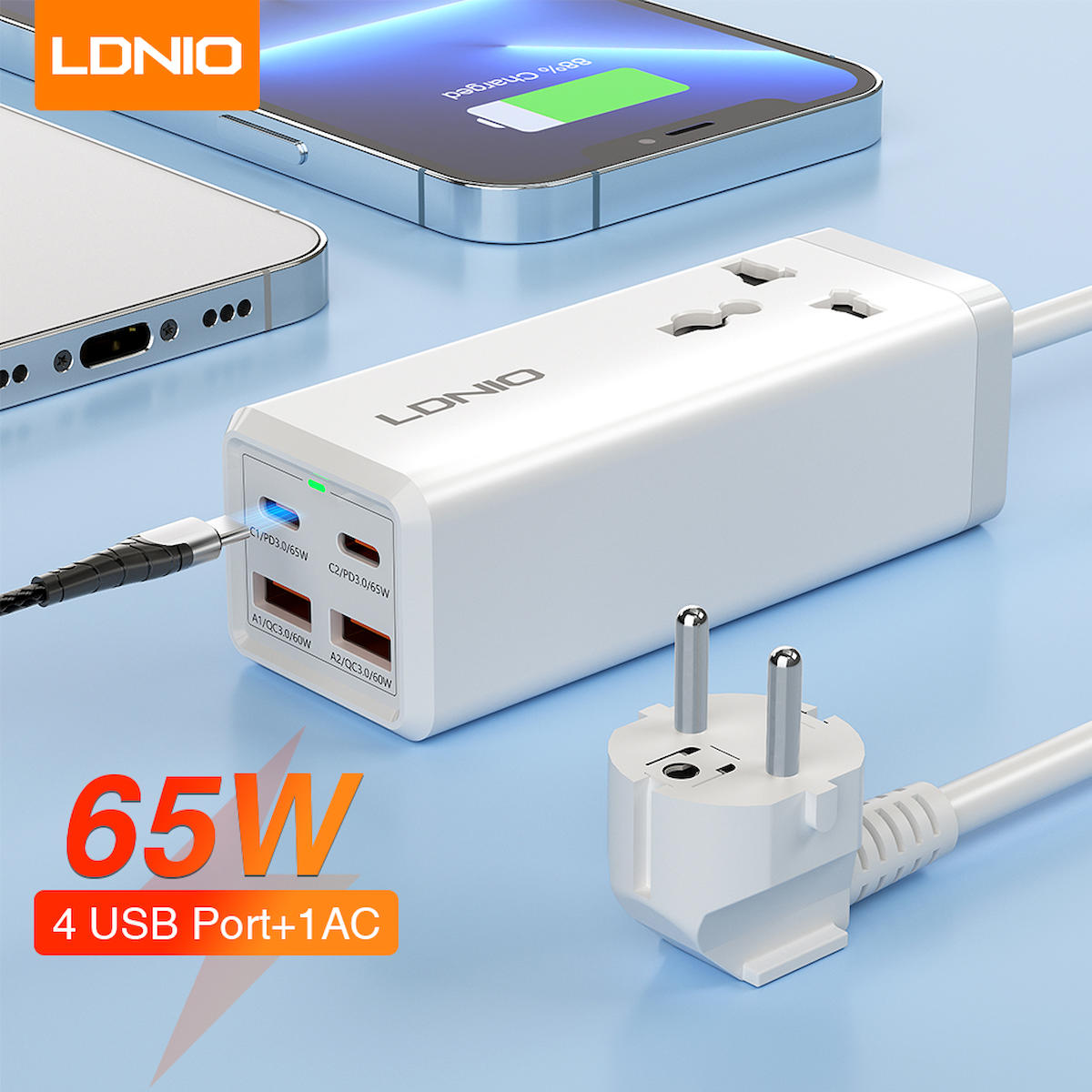 Ldnio SC1418 Universal USB Kablolu 65 W Hızlı Şarj Aleti Beyaz