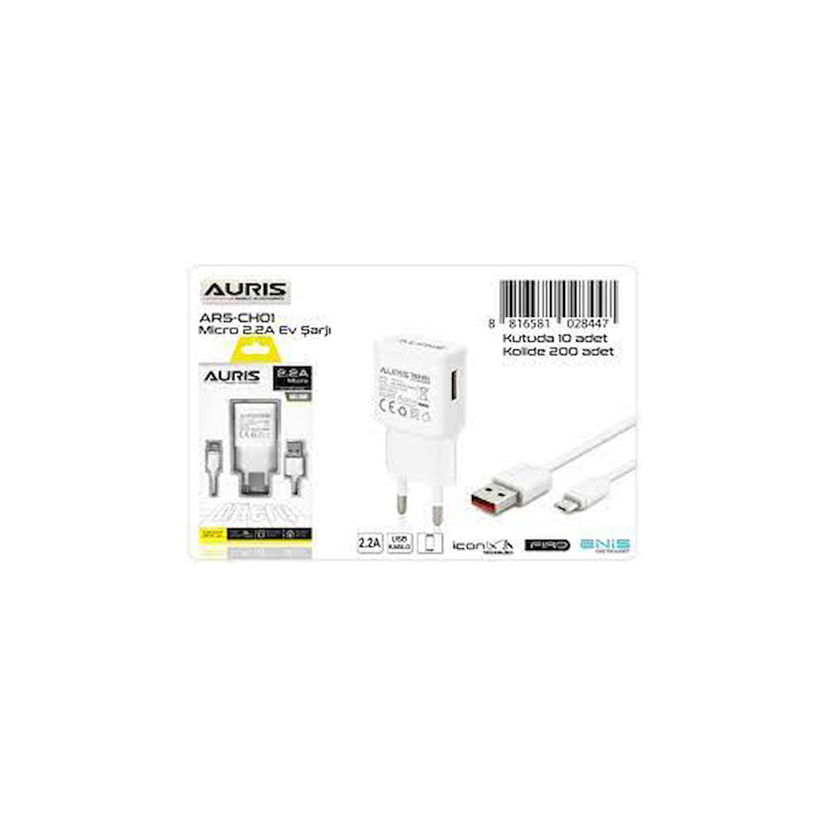 Auris ARS-CH01 Universal Micro USB Kablolu Hızlı Şarj Aleti Beyaz