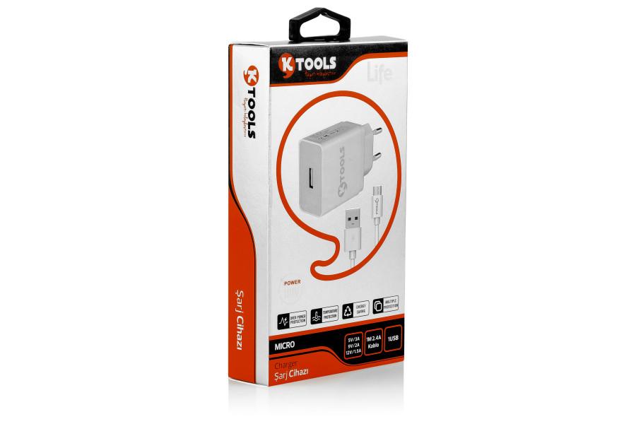 Ktools Universal Micro USB Kablolu Hızlı Şarj Aleti Beyaz