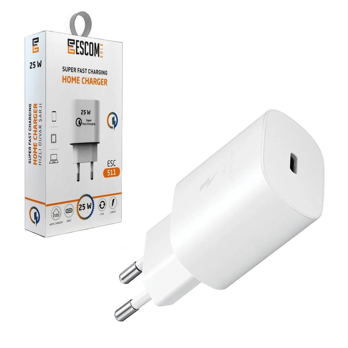 Escom ESC-511 Universal Type-C Kablolu 25 W Hızlı Şarj Aleti Beyaz
