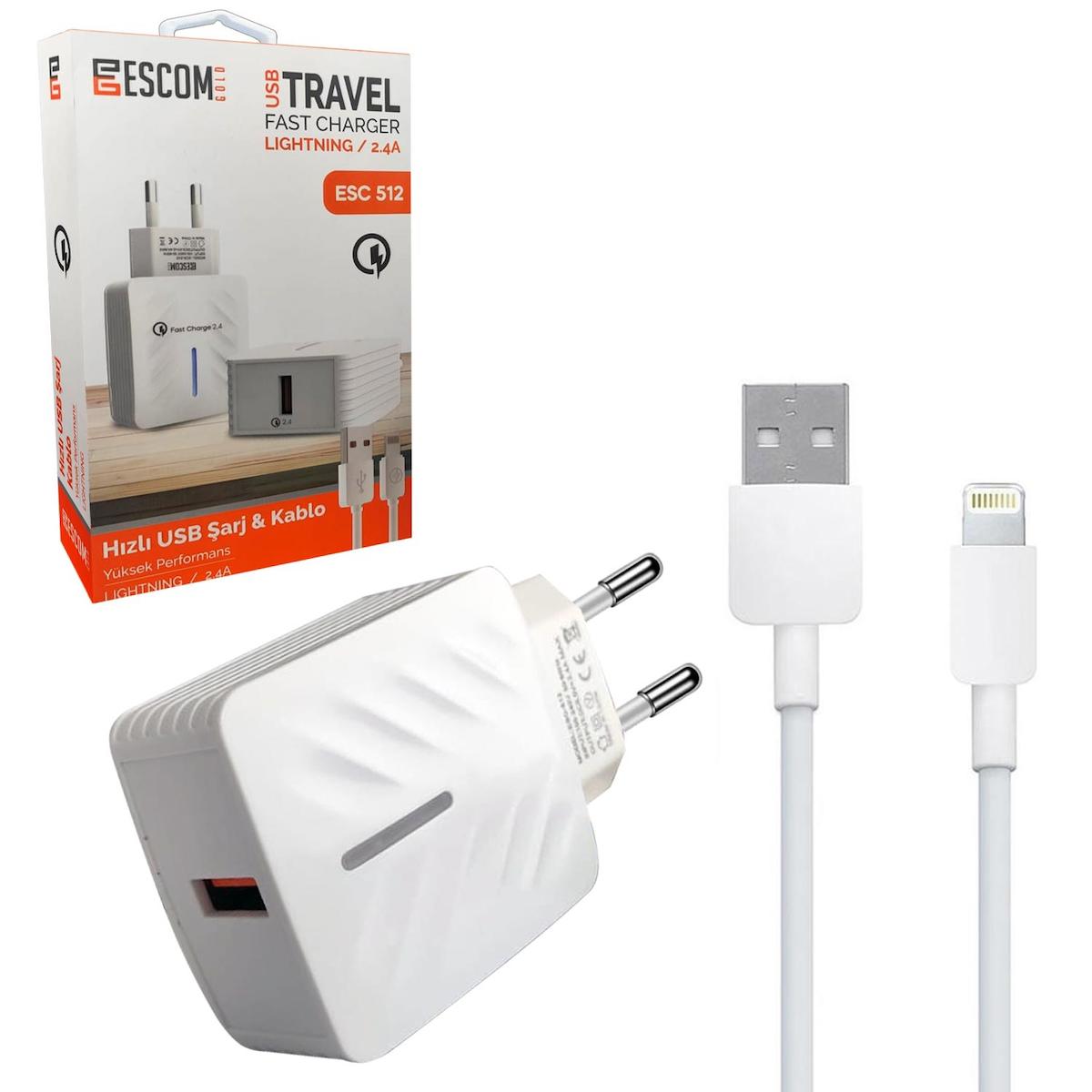 Escom ESC-512 iPhone Lightning Kablolu 2.4 Amper Hızlı Şarj Aleti Beyaz