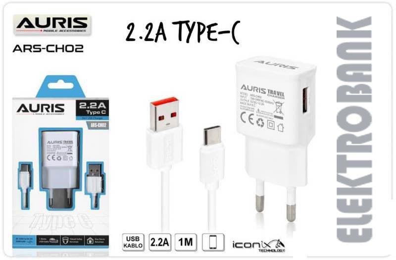 Auris CH02 Universal Type-C Kablolu Hızlı Şarj Aleti Siyah