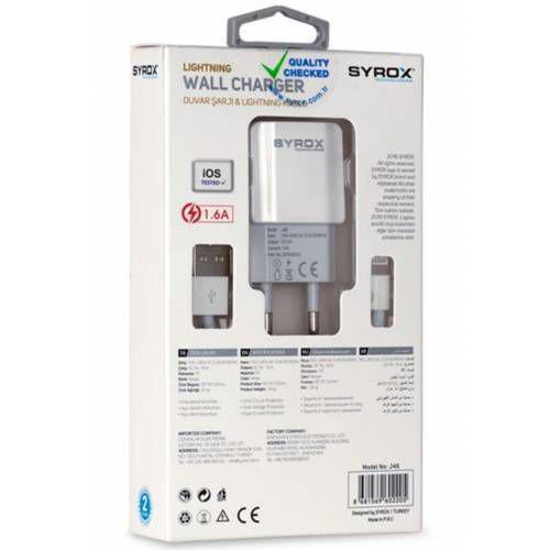 Syrox EU-12 iPhone Lightning Kablolu 5 W 1.6 Amper Hızlı Şarj Aleti Beyaz