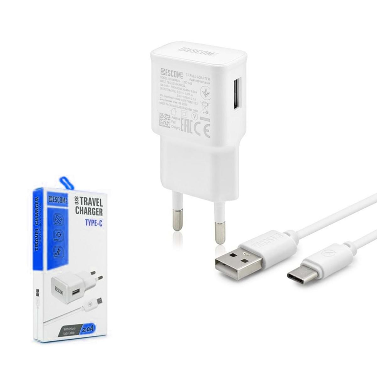 Escom ESC-504 Universal Type-C Kablolu 2 Amper Hızlı Şarj Aleti Beyaz