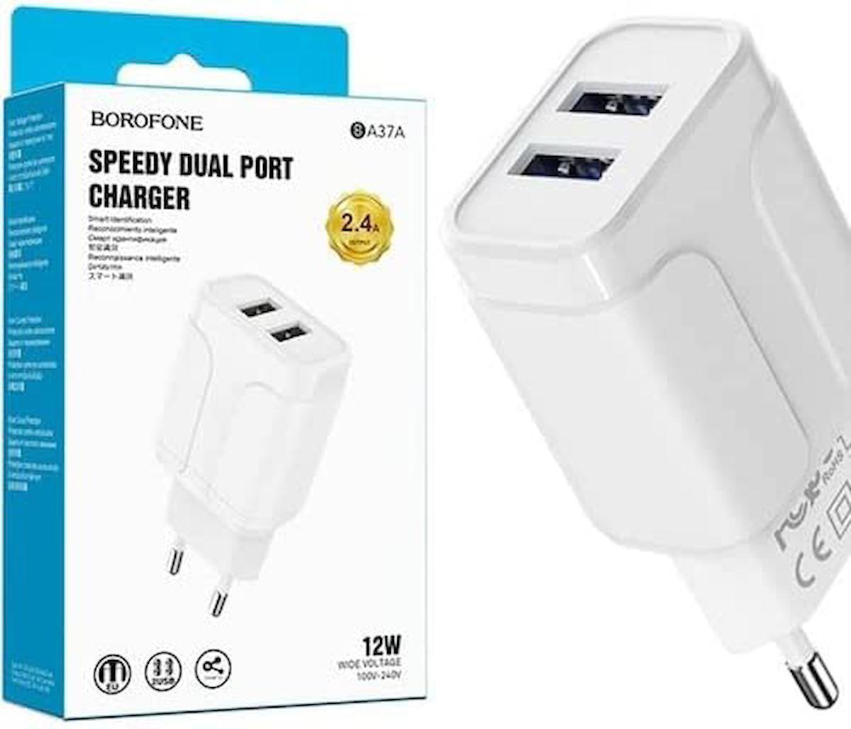 Borofone BA37A Universal USB Kablolu 12 W 2.4 Amper Hızlı Şarj Aleti Beyaz