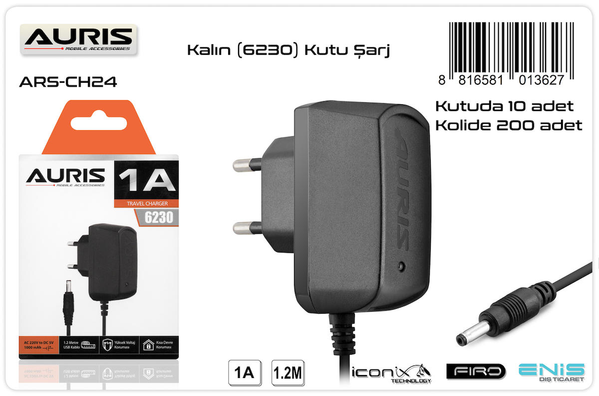 Auris ARS-CH24 Kalın Uç Kablolu Şarj Aleti Siyah