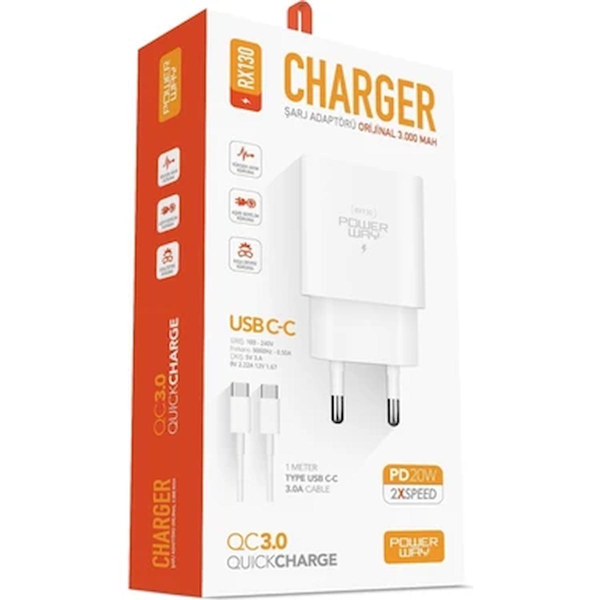 Powerway Universal USB Kablolu 20 W 3 Amper Hızlı Şarj Aleti Beyaz
