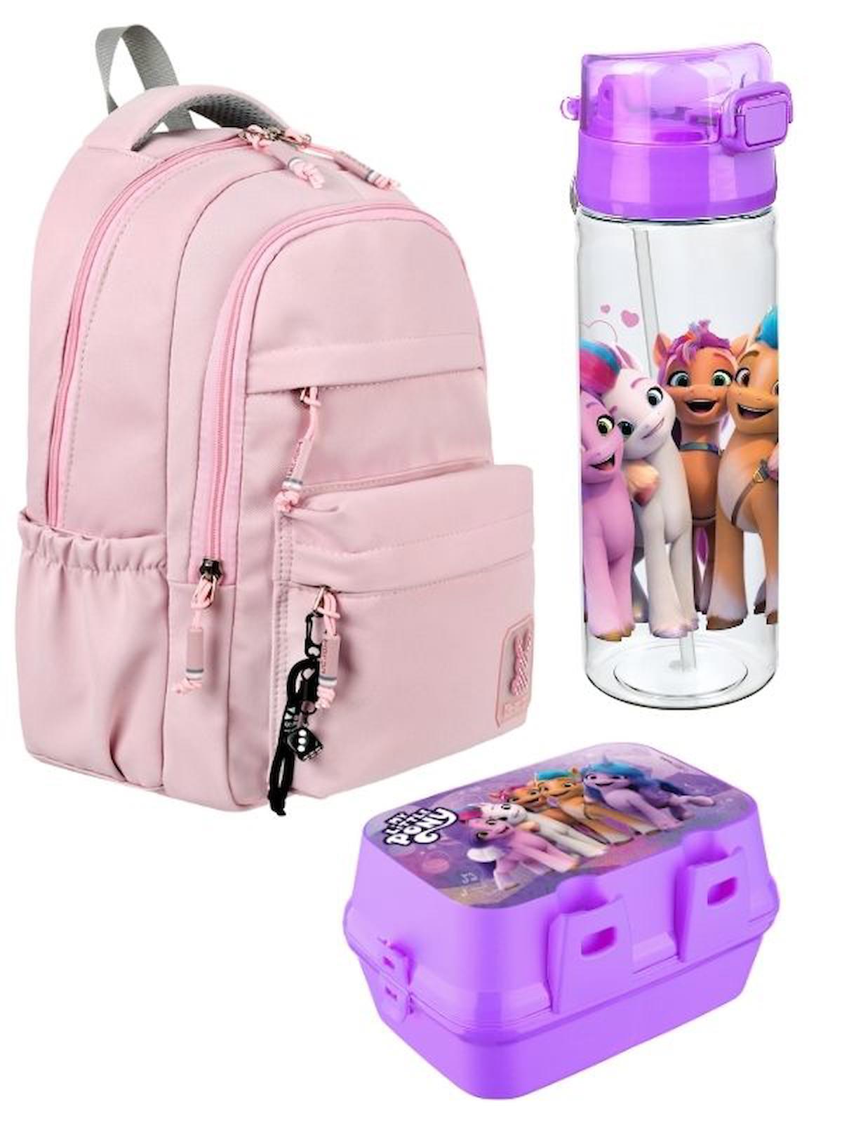 PEMBE OKUL ÇANTASI 3'LÜ SET Su Itici Özel Kumaş Hafif Sırt Çantası PONNY SULUK ve BESLENME