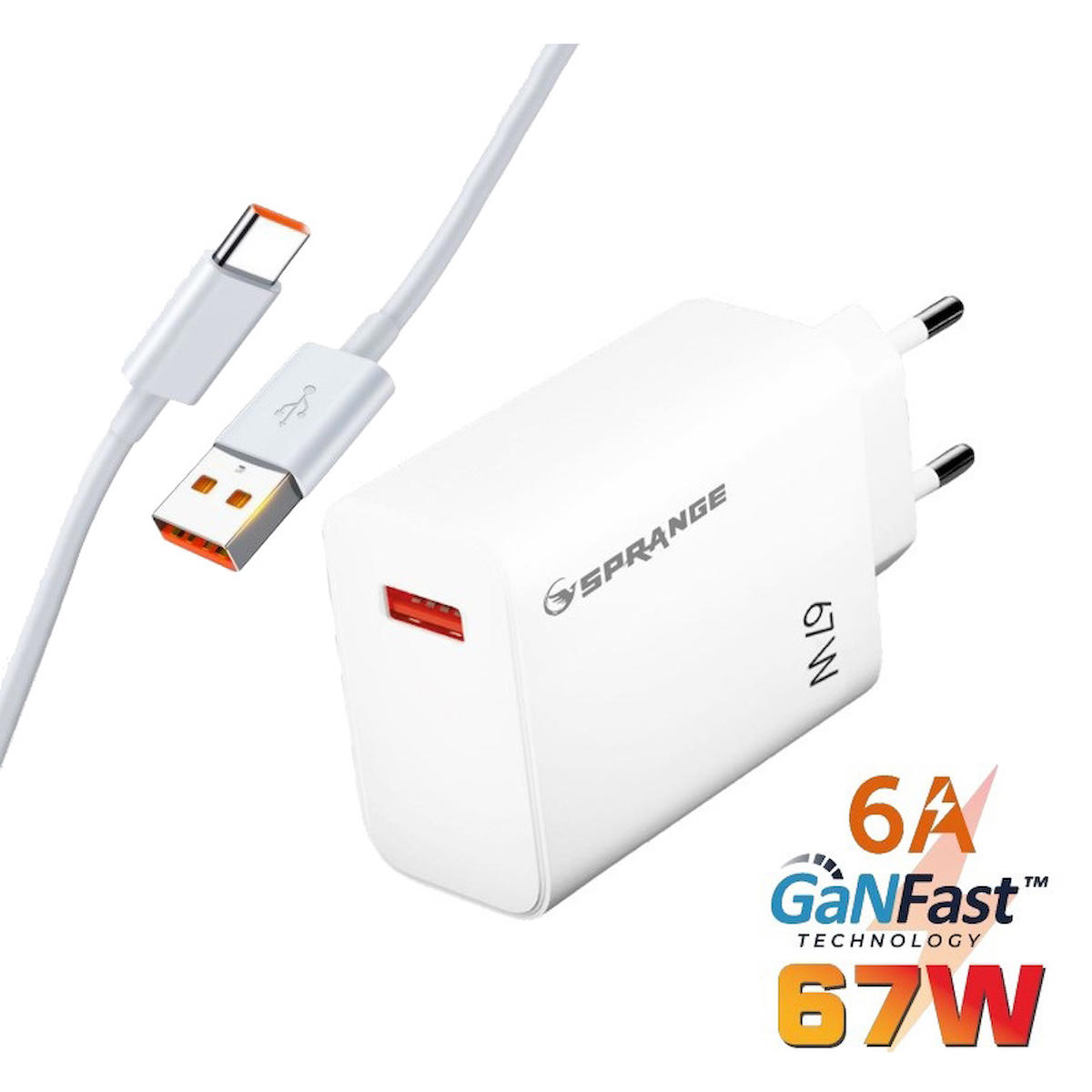Sprange PT-X67 Universal Type-C Kablolu 67 W Hızlı Şarj Aleti Beyaz