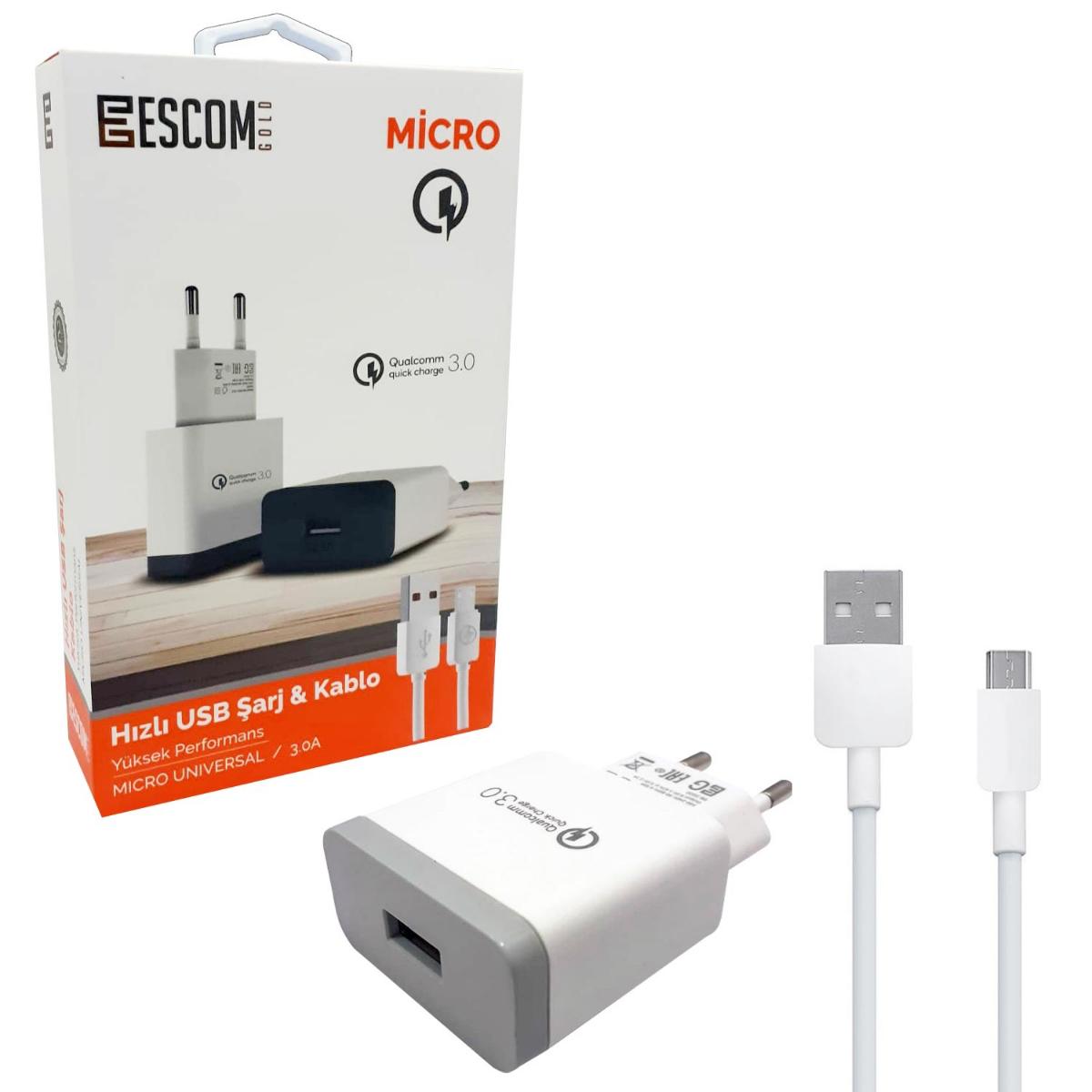 Escom ESC-412 Universal Kablolu 3 Amper Hızlı Şarj Aleti Beyaz