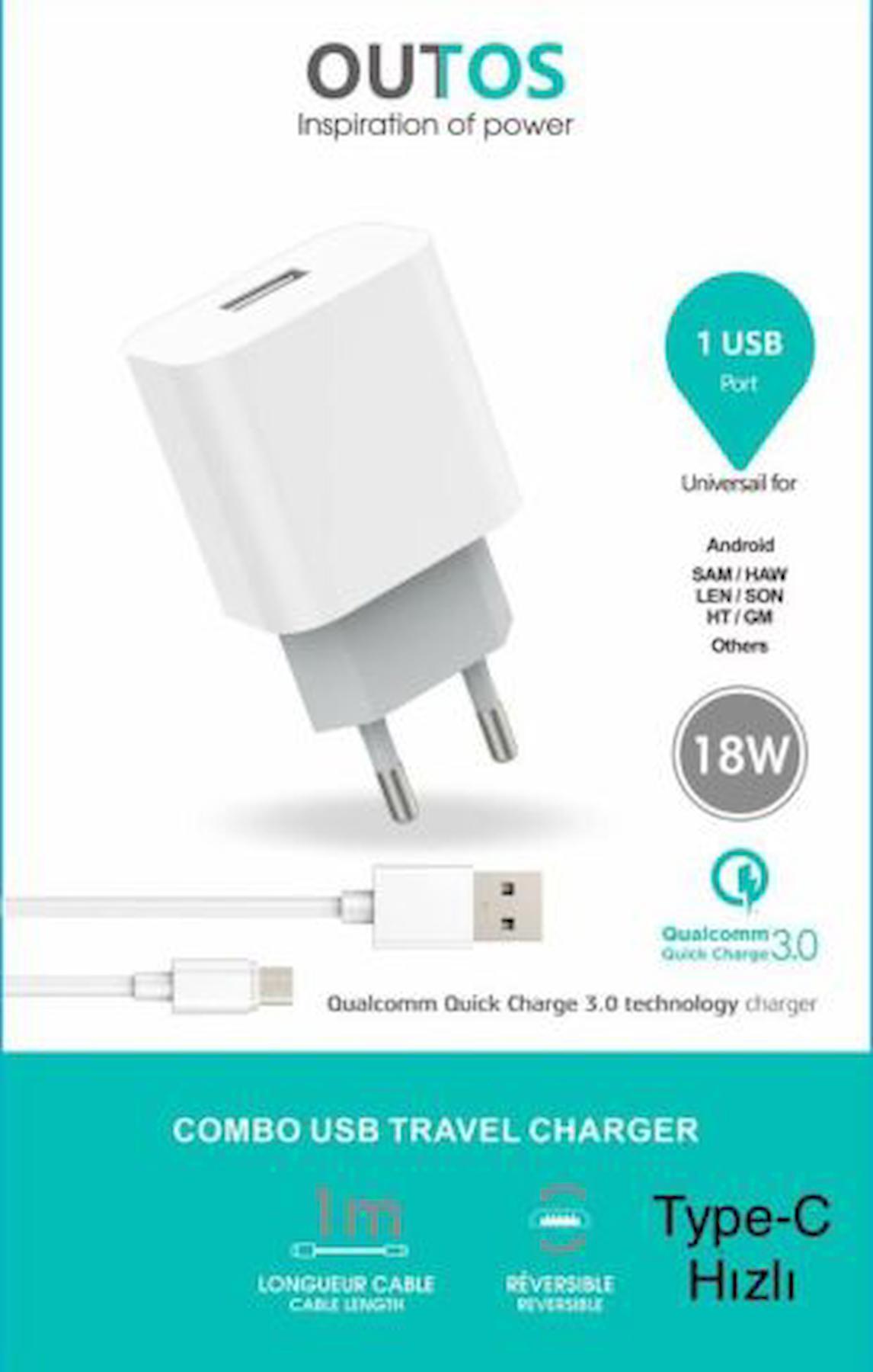Outos Universal Type-C Kablolu 18 W Hızlı Şarj Aleti Beyaz