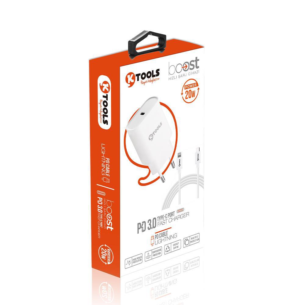 Ktools iPhone Lightning Kablolu Hızlı Şarj Aleti Beyaz