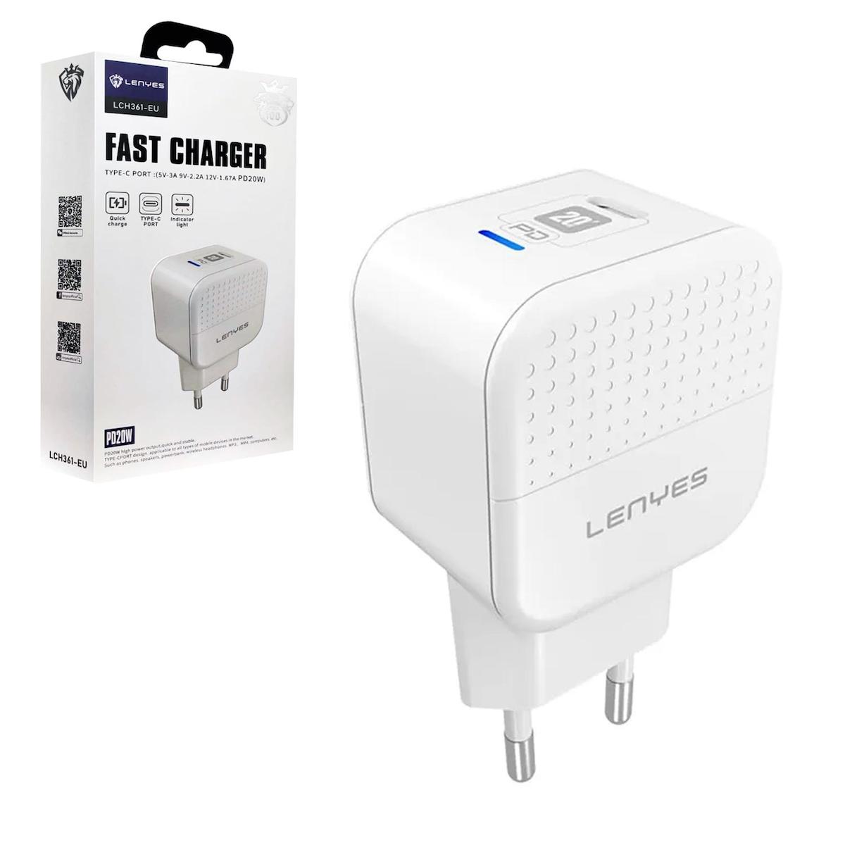 Lenyes LCH361-EU Universal Type-C Kablolu 20 W Hızlı Şarj Aleti Beyaz
