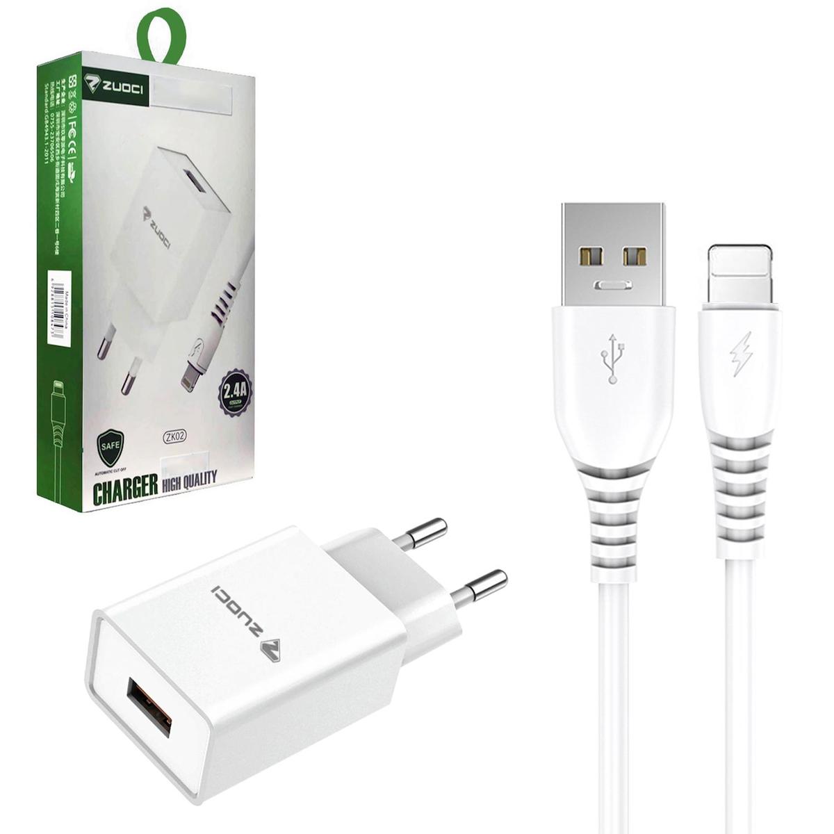 Zuocı ZK-02 iPhone Lightning Kablolu 2.4 Amper Hızlı Şarj Aleti Beyaz