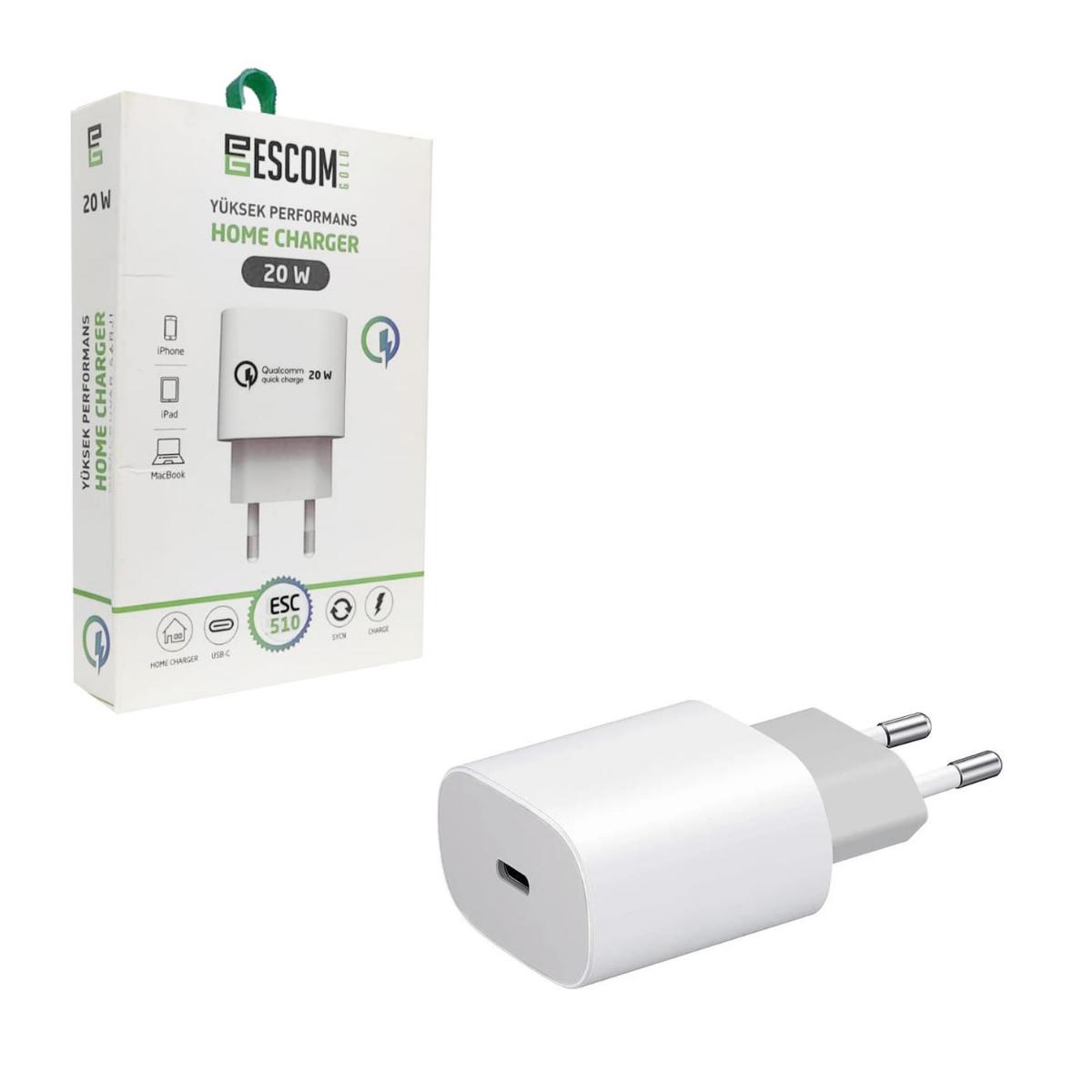 Escom ESC-510 Universal Type-C Kablolu 20 W Hızlı Şarj Aleti Beyaz