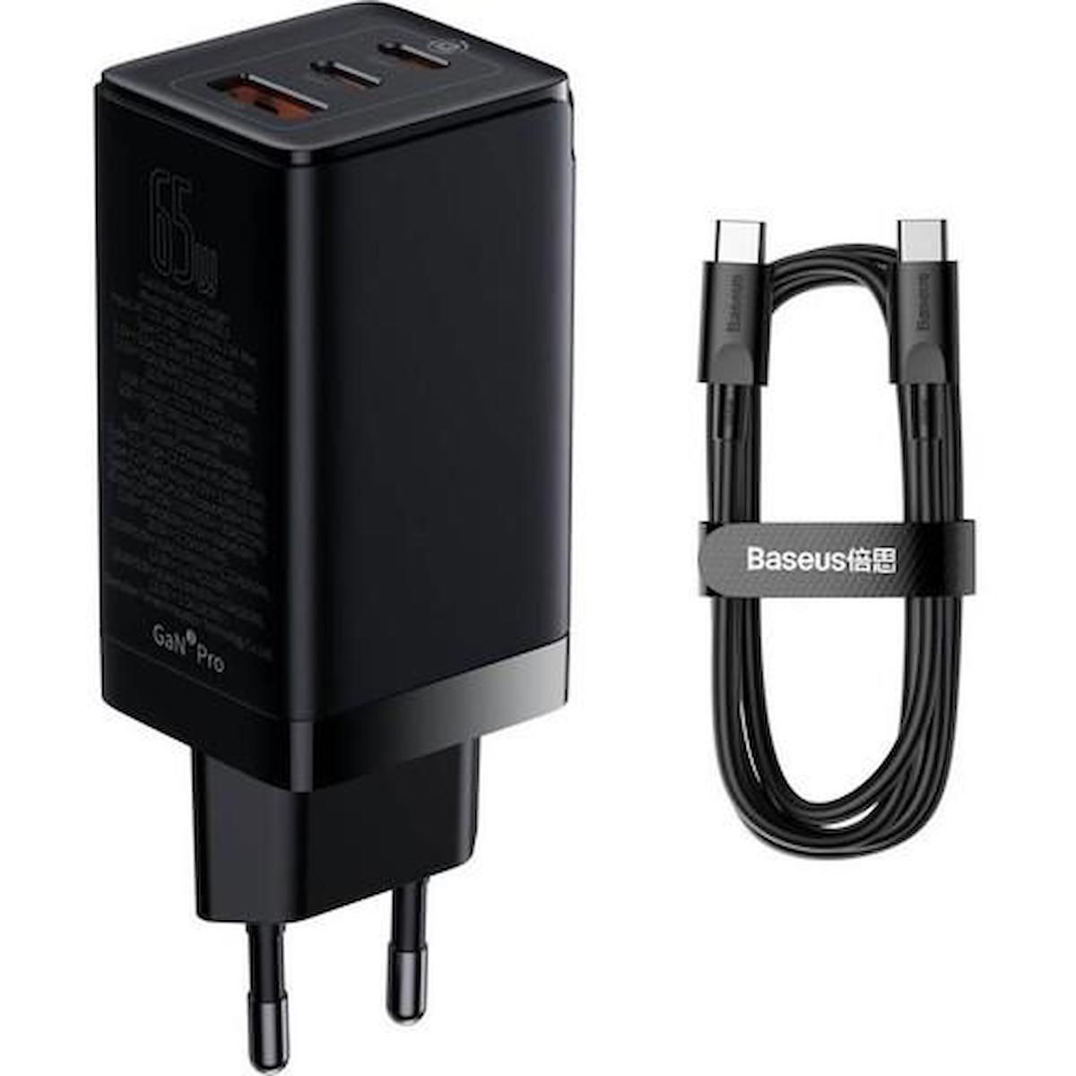 Baseus GaN3 Pro Universal USB Kablolu 65 W Hızlı Şarj Aleti Siyah