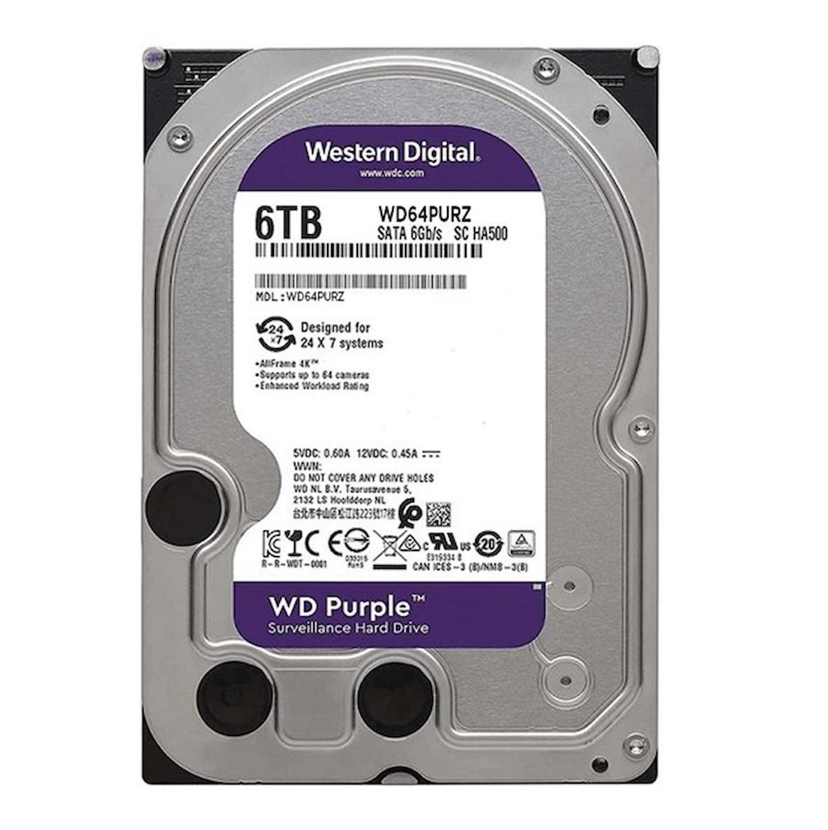 Western Digital WD Purple WD64PURZ 6 TB 3.5 inç 5400 RPM 256 MB SATA 3.0 Güvenlik Kamerası Harddisk