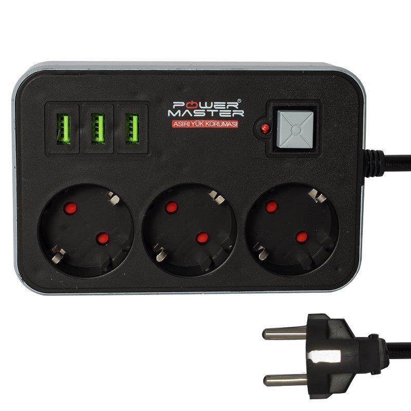 Powermaster USB Girişli Topraklı İç Mekan Üçlü Priz Siyah